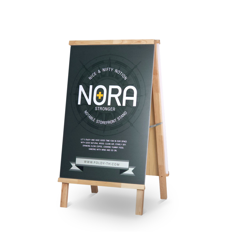 Wooden A-frame chalkboard sign displaying a bold 'NORA' logo on a dark board, set on a white background.
