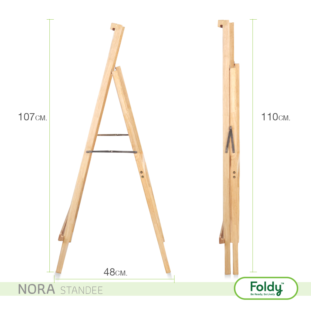 Wooden A-frame easel shown open (front) and folded (side); 107 cm tall, 48 cm base, folds to 110 cm.