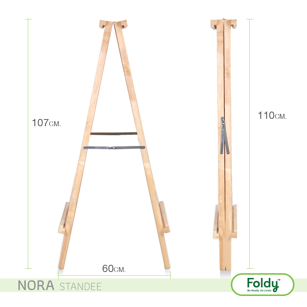 Wooden A-frame easel with metal crossbars, 107 cm tall and 60 cm base (NORA Standee by Foldy).