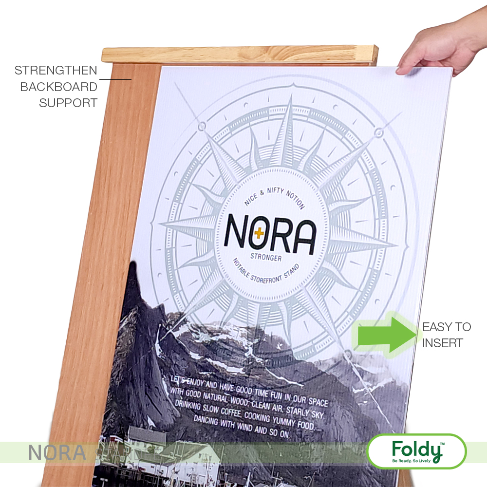 Wooden display stand holding a poster with a compass logo; notes backboard support and easy insert feature.