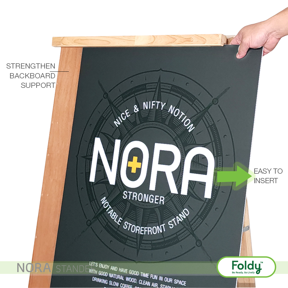 Wooden A-frame chalkboard displaying the NORA logo and slogan for a storefront promotion, with a backboard support and easy-to-insert design.