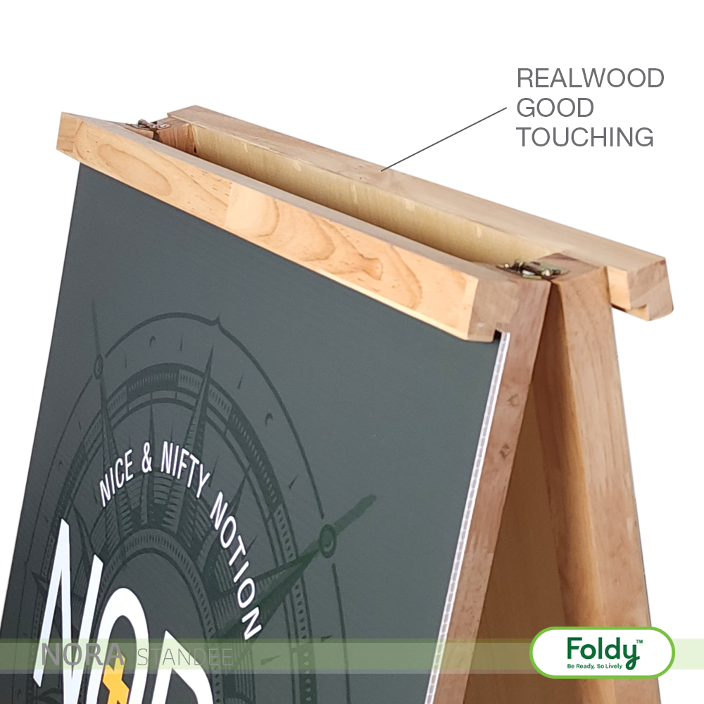 Wooden A-frame chalkboard sign on a white background, displaying a circular gauge graphic and Foldy logo at the bottom right.
