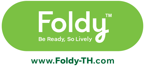 Foldy logo on a green rounded rectangle with the white wordmark, slogan 'Be Ready, So Lively', and the green URL 'www.Foldy-TH.com'.